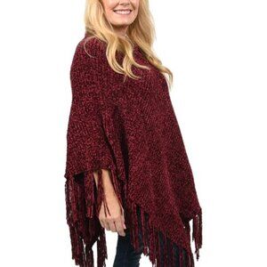 Designer Inspired Perfect Fall Winter Soft Chenille Poncho with Fringe Burgundy